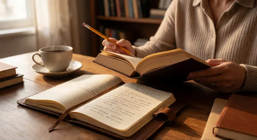 como mejorar mi vocabulario y ser formal, Persona anotando palabras nuevas en un cuaderno mientras lee un libro en su escritorio
