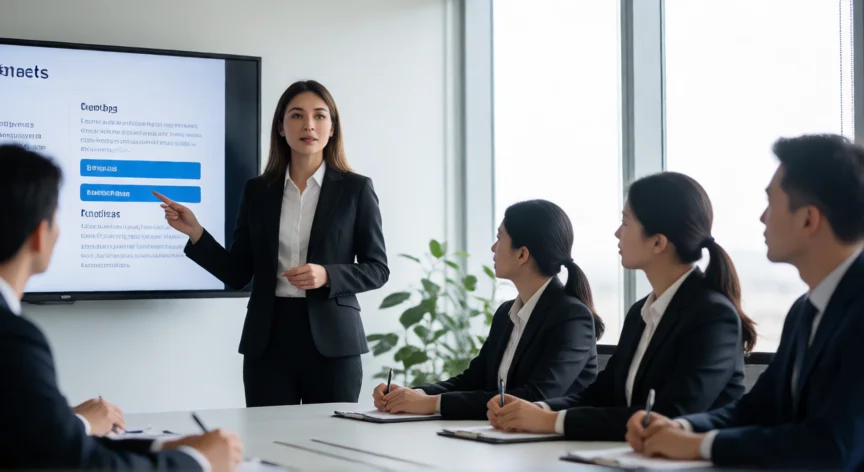 como mejorar mi vocabulario y ser formal, Mujer en traje realizando una presentación formal en una sala de conferencias