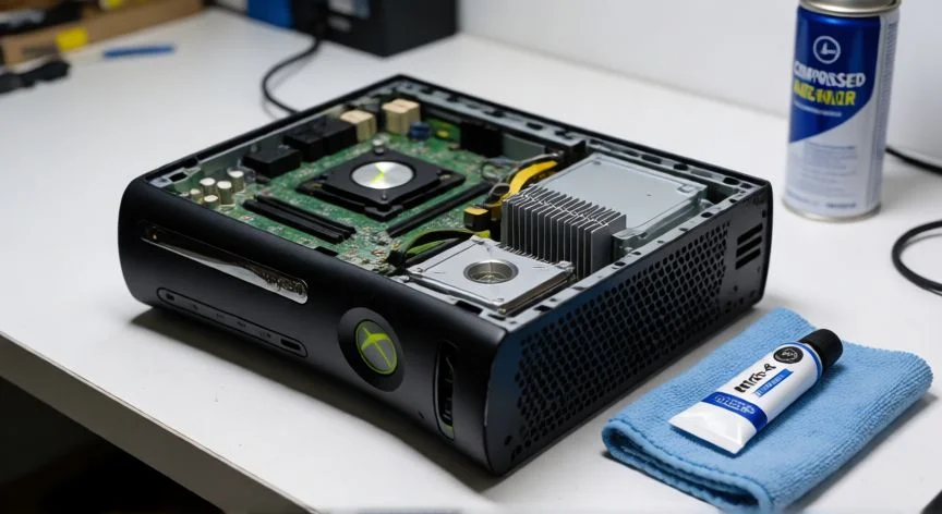 como mejorar mi xbox 360, Interior de una Xbox 360 abierta con disipadores y pasta térmica para repasteo anti-RROD