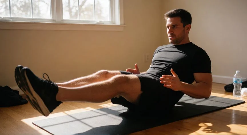 como mejorar mis abdominales, Hombre haciendo hollow body hold en un gimnasio casero con luz natural