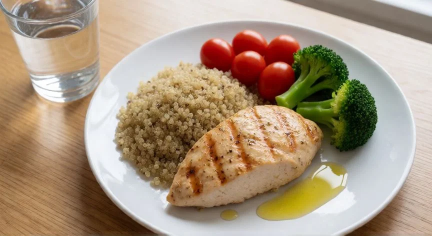 como mejorar mis abdominales, Comida saludable con pollo, quinoa y verduras para definir abdomen