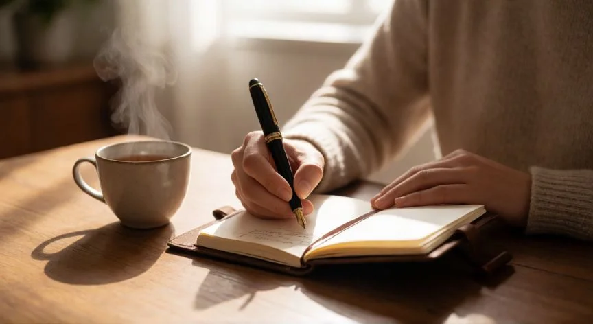 como mejorar mis actitudes, Persona escribiendo en un diario de actitudes en su escritorio por la mañana