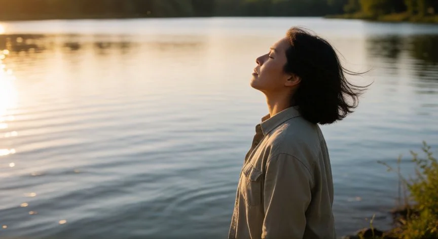 como mejorar mis actitudes, Persona respirando en calma junto a un lago al atardecer