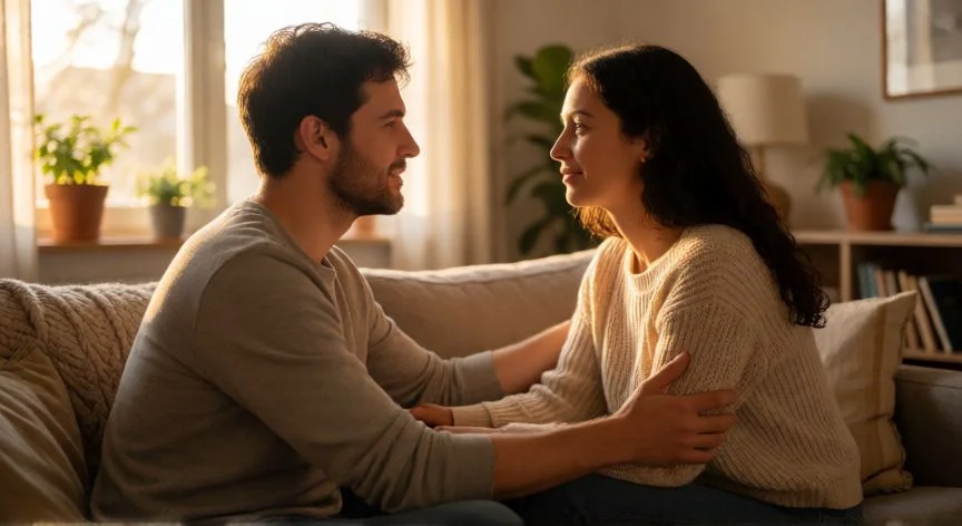 como mejorar mis actitudes con mi pareja, Pareja conversando con atención y contacto visual en un salón acogedor