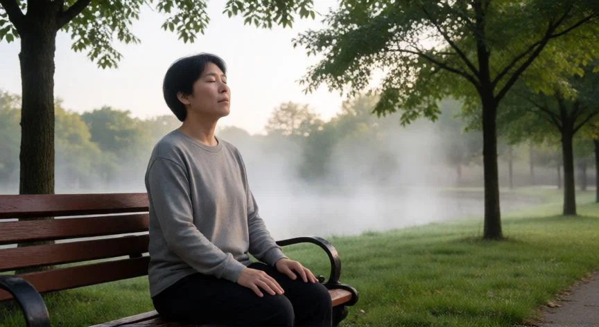 como mejorar mis actitudes con mi pareja, Persona practicando una pausa consciente en un parque al aire libre