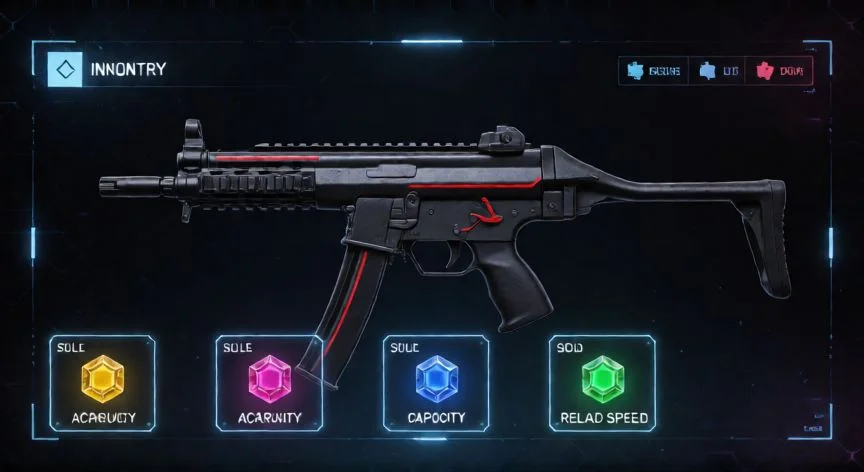 como mejorar mis armas en cyberpunk 2077, Interfaz de inventario mostrando ranuras de mod de un arma en Cyberpunk 2077