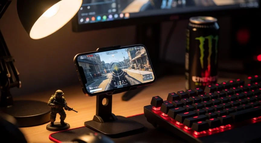 como mejorar mis armas en free fire, Setup de gaming nocturno con móvil mostrando juego de disparos en entrenamiento