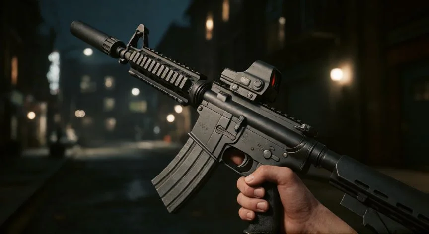como mejorar mis armas en gta 5 online, Fusil de asalto modificado con mira y supresor en GTA Online