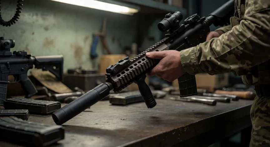 como mejorar mis armas en warzone, Jugador personalizando un rifle de asalto con attachments en un banco de trabajo militar