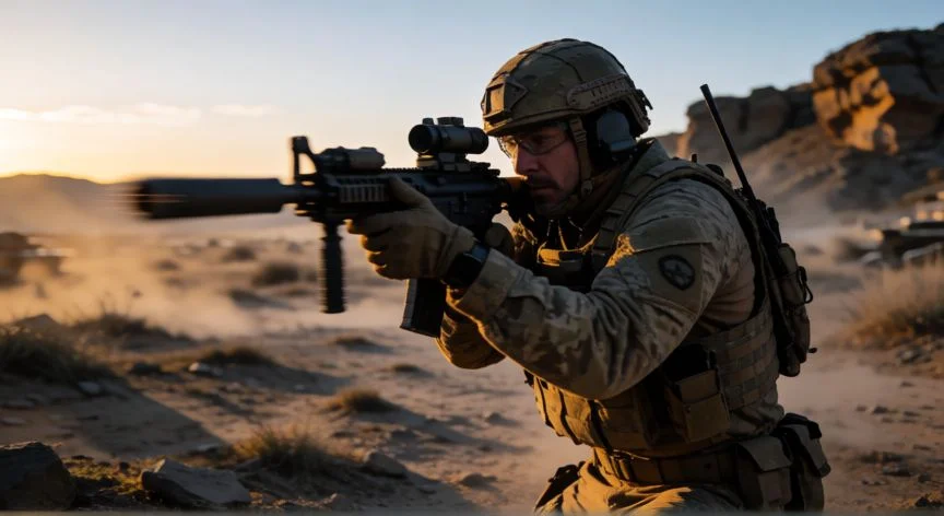 como mejorar mis armas en warzone, Soldado en terreno árido apuntando con un rifle configurado al atardecer