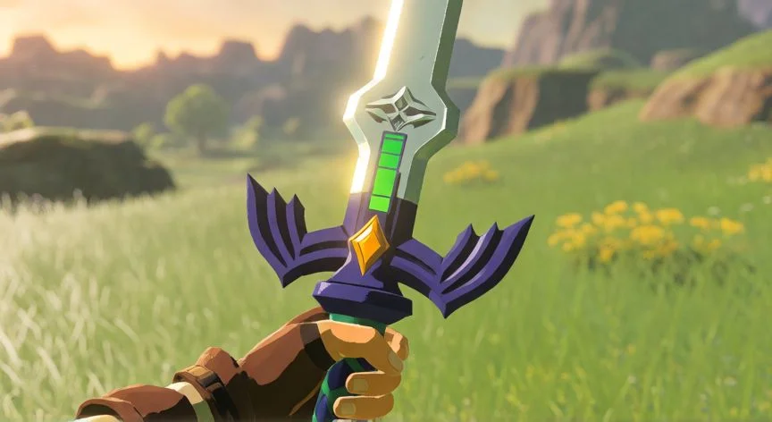 como mejorar mis armas en zelda breath of the wild, Mano sosteniendo una espada con barra de durabilidad visible en un prado de Hyrule