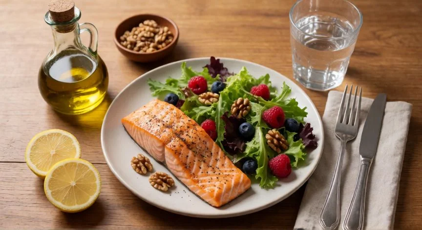 como mejorar mis articulaciones, Plato antiinflamatorio con salmón, frutos secos y verduras para la salud articular