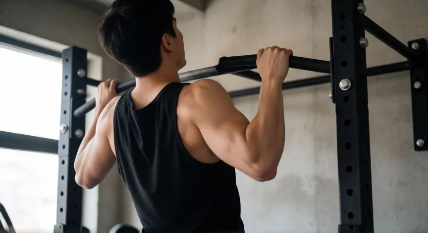 como mejorar mis barras, Hombre realizando una dominada en barra con buena técnica en gimnasio doméstico