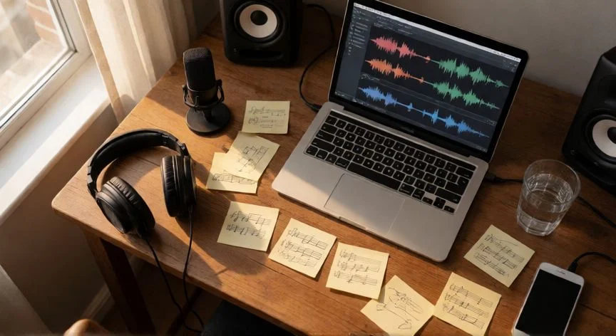 como mejorar mis beats, Vista cenital de un escritorio de producción musical con notas y auriculares