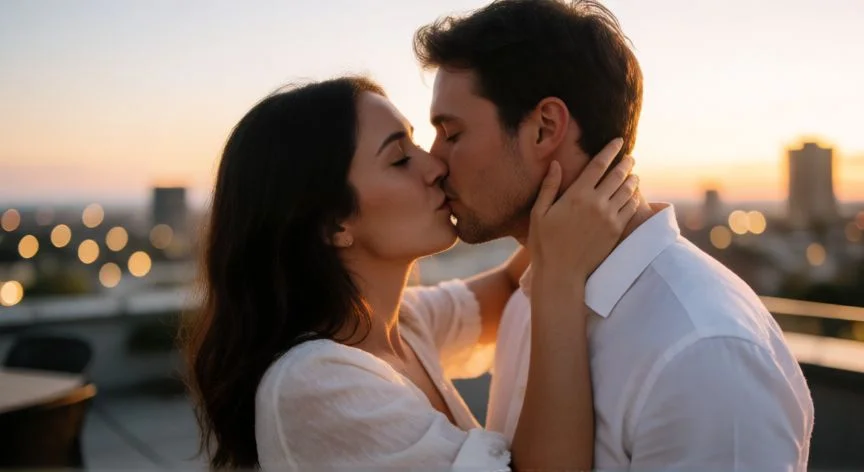 Pareja besándose suavemente en una terraza al atardecer con luces de ciudad al fondo
