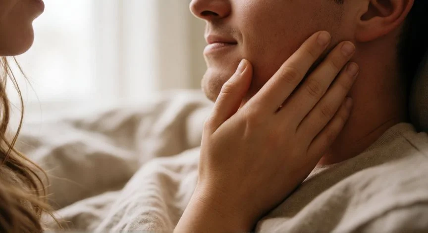 como mejorar mis besos, Detalle de una mano sobre la mandíbula durante un beso lento e íntimo
