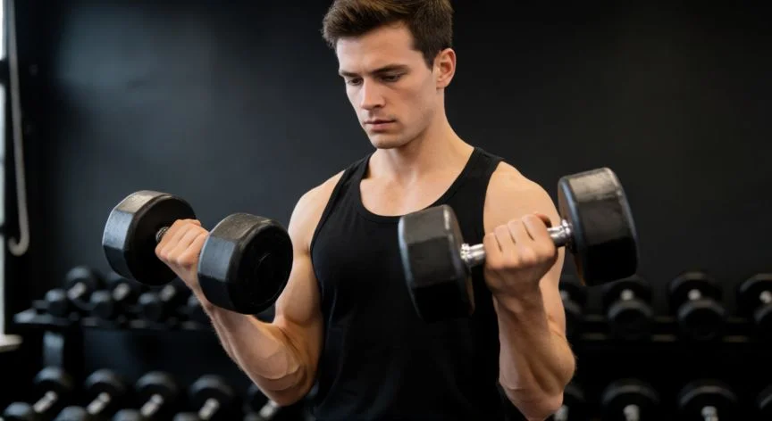 como mejorar mis biceps, Hombre realizando curl con mancuernas en el gimnasio enfocado en bíceps