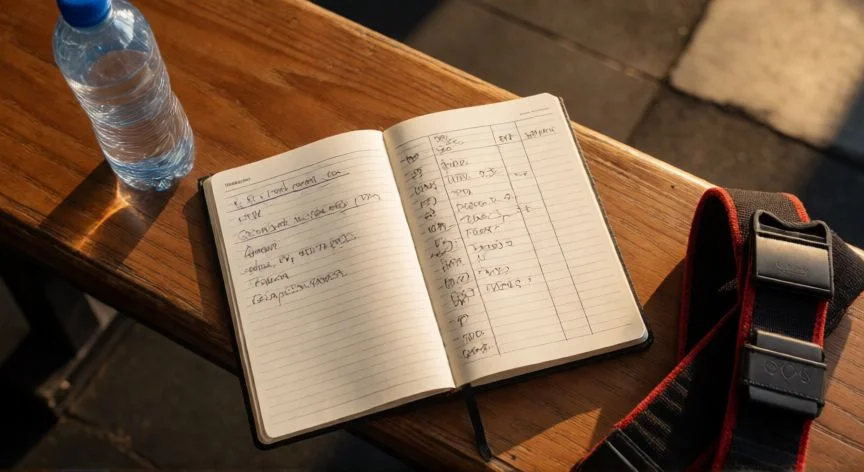 como mejorar mis biceps, Cuaderno de entrenamiento con registro de pesos y repeticiones en el gimnasio