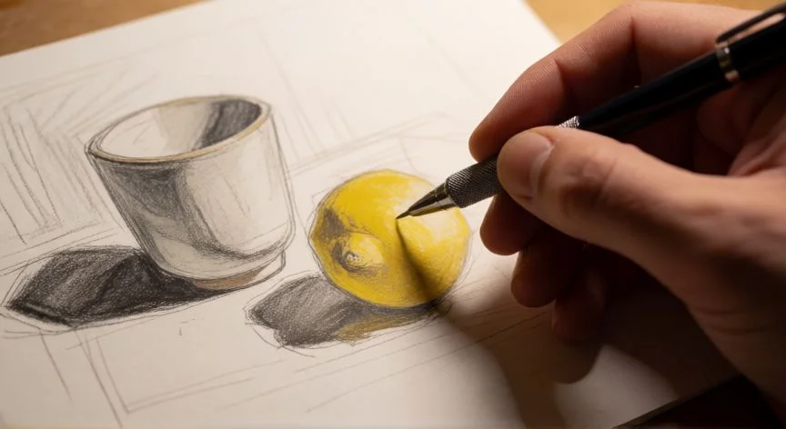 como mejorar mis bocetos, Manos dibujando bodegón con fuente de luz lateral en estudio de arte