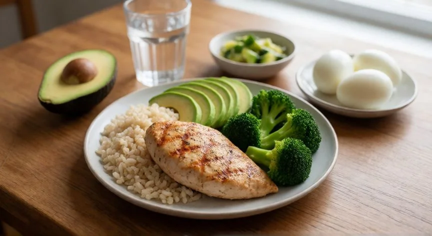 como mejorar mis brazos, Comida rica en proteínas con pollo, arroz, brócoli y aguacate sobre mesa de madera
