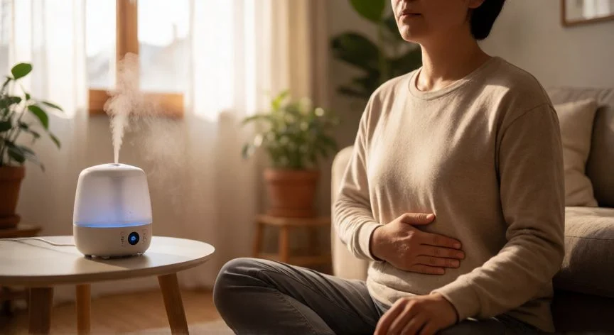 como mejorar mis bronquios, Persona practicando respiración diafragmática en un salón luminoso y tranquilo