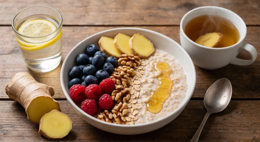 como mejorar mis bronquios, Desayuno antiinflamatorio con jengibre, bayas, nueces e infusión de cúrcuma