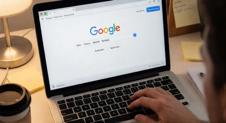 como mejorar mis busquedas en google, Manos tecleando operadores avanzados de búsqueda en Google sobre un portátil