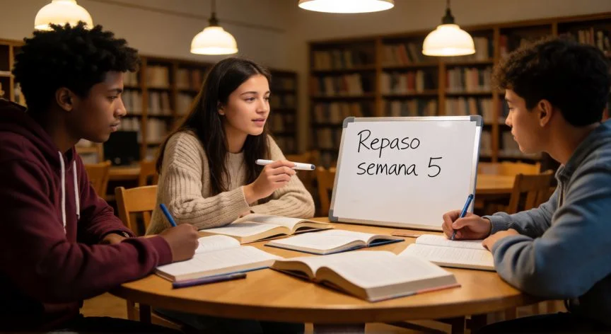 como mejorar mis calificaciones en la secundaria, Grupo de estudiantes de secundaria repasando juntos en la biblioteca con pizarra