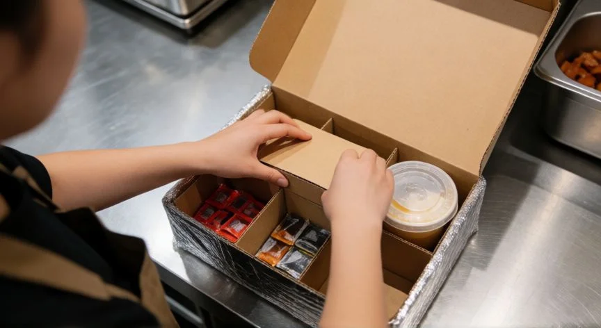 como mejorar mis calificaciones en uber eats, Repartidor de Uber Eats preparando un pedido con empaquetado profesional en cocina