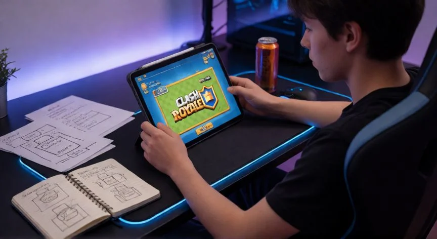 como mejorar mis cartas en clash royale, Jugador analizando su mazo de Clash Royale en una tablet con notas de estrategia