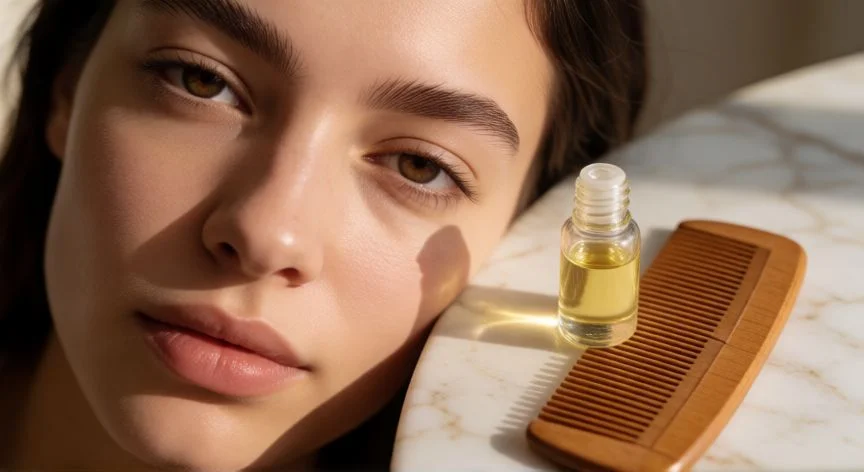 como mejorar mis cejas, Mujer con cejas bien cuidadas y botella de aceite de ricino sobre mármol