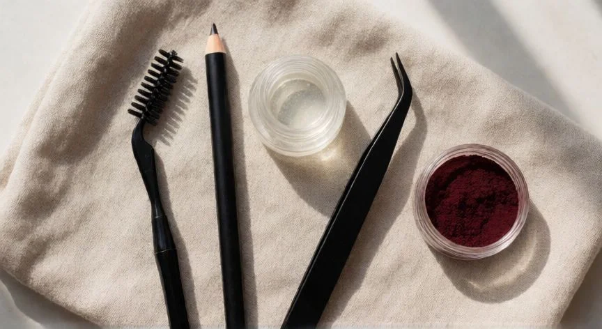 como mejorar mis cejas, Kit de herramientas para el cuidado y delineado de cejas sobre lino beige