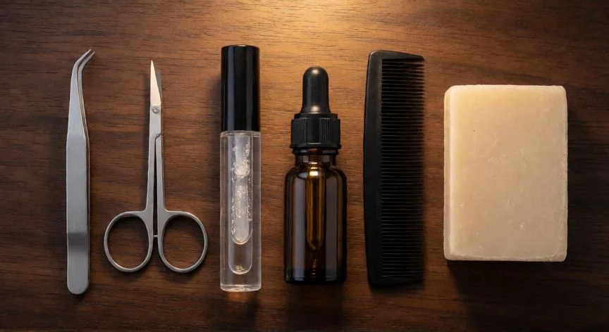 como mejorar mis cejas hombre, Kit de cuidado de cejas masculino con pinzas, tijeras, gel y aceite de ricino sobre madera