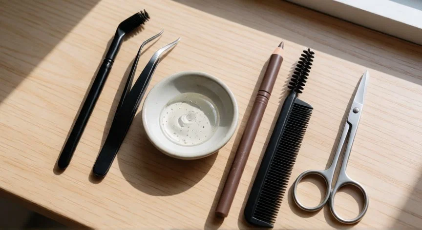 como mejorar mis cejas mujer, Herramientas de cuidado y depilación de cejas dispuestas sobre mesa de madera