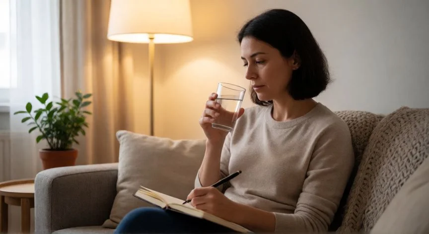 como mejorar mis celos, Mujer reflexionando y escribiendo en un diario en su sala de estar, trabajando sus emociones.