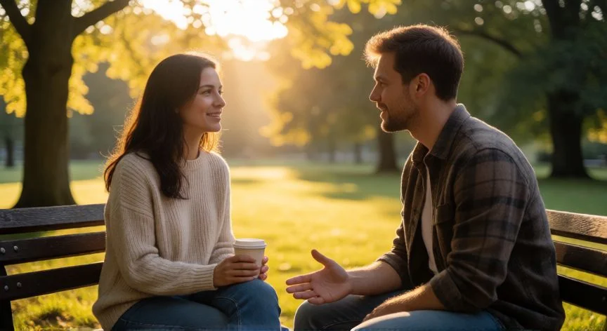 como mejorar mis celos, Pareja conversando con calma en un banco de parque, comunicación abierta y conexión.