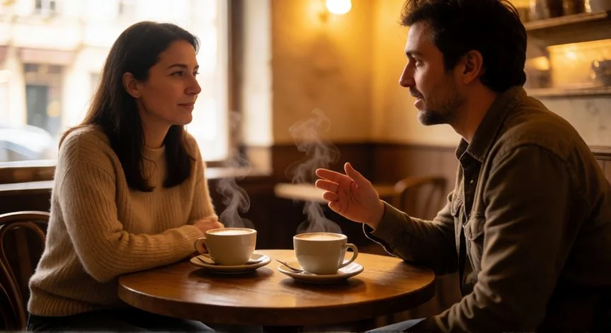 Dos personas en una conversación animada en un café, una escucha con atención