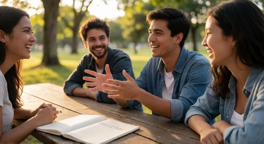 como mejorar mis conversaciones, Grupo de amigos conversando al aire libre en un parque al atardecer