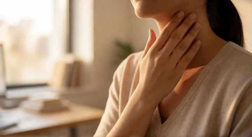 como mejorar mis cuerdas vocales, Persona colocando la mano en la garganta durante un ejercicio de respiración vocal