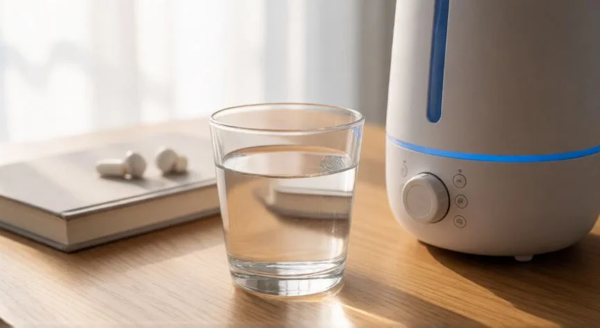 como mejorar mis cuerdas vocales, Vaso de agua y humidificador como recordatorio de hidratación y cuidado vocal diario