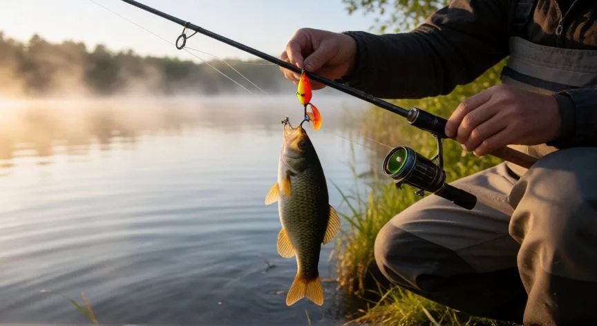 como mejorar mis datos bait, Pescador al amanecer registrando datos de señuelo junto al lago