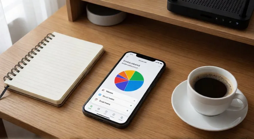 como mejorar mis datos moviles, Teléfono mostrando el consumo de datos móviles junto a un router Wi-Fi en un escritorio