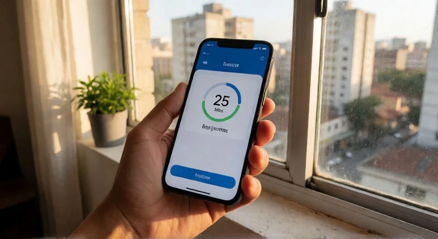como mejorar mis datos moviles unefon, Persona revisando la velocidad de datos 4G LTE en su teléfono cerca de una ventana