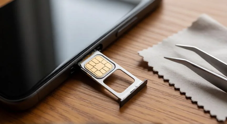 como mejorar mis datos moviles unefon, Bandeja de SIM del teléfono abierta con paño limpiador para mantenimiento