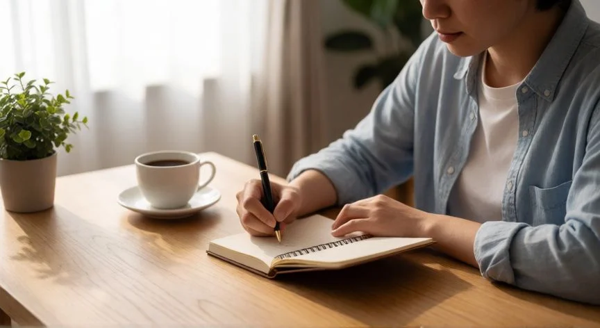como mejorar mis debilidades, Persona tomando notas de autoevaluación en un escritorio tranquilo con luz natural