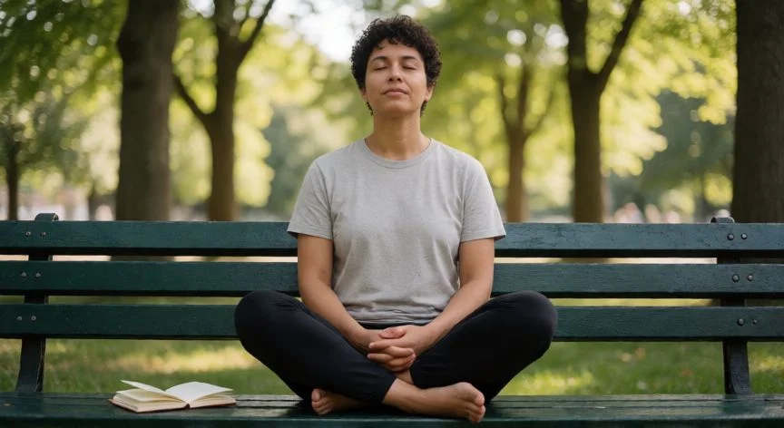 como mejorar mis debilidades, Persona practicando respiración consciente en un parque con un diario abierto al lado