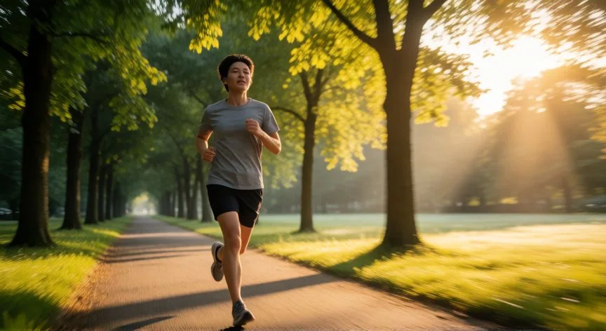 como mejorar mis debilidades y amenazas, Persona corriendo por un sendero de parque al amanecer, símbolo de superación y constancia