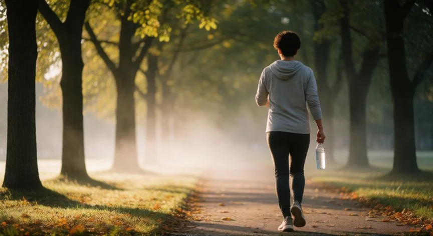 como mejorar mis defensas, Persona caminando por un parque arbolado al amanecer con botella de agua
