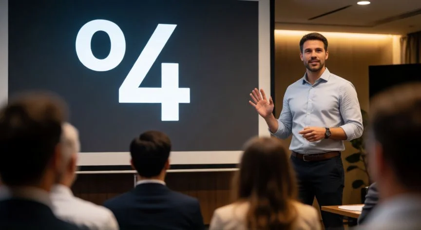 como mejorar mis diapositivas en powerpoint, Presentador en sala de conferencias con diapositiva de gran formato en pantalla