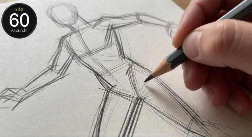 como mejorar mis dibujos, Mano realizando un dibujo de gesto de figura humana con lápiz sobre papel texturado